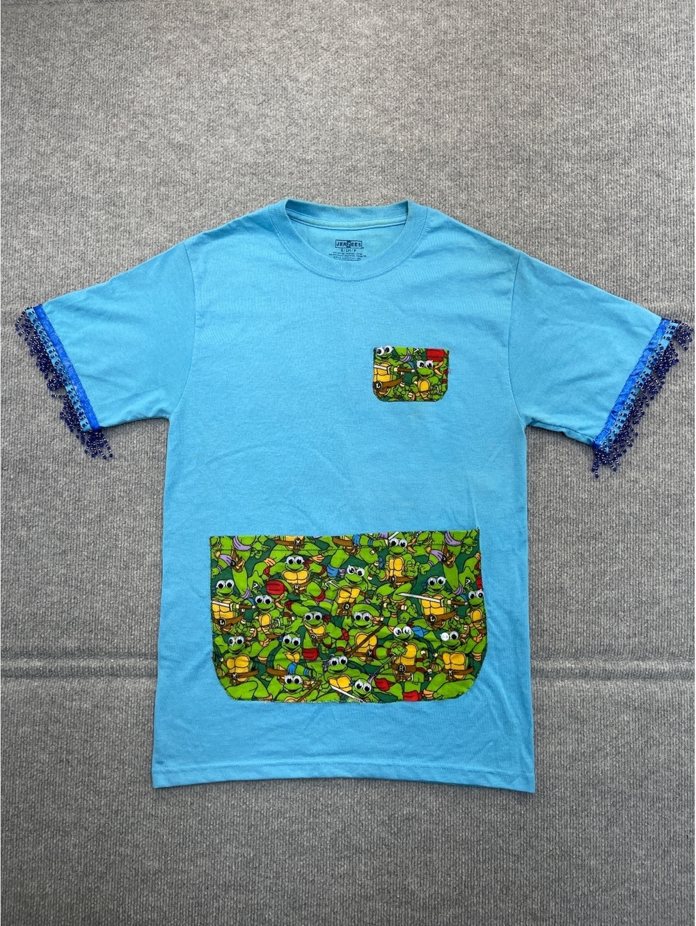 Custom TMNT Upcycled T Shirt Small Beaded Fringe Trim Ninja Turtles Pocket Tee